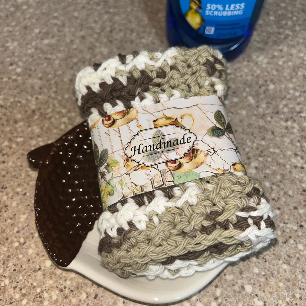 Handmade Crochet Dish Cloth-Brown,Cream,White -100% Cotton-Approximately 9”X 9”